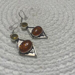 Beautiful AMBER & CITRINE Handmade Sterling 925 Dangle Earrings #284D